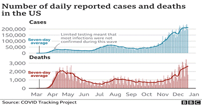 Chart shows daily cases and deaths in the US